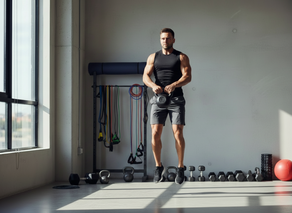 Man performing an explosive kettlebell exercise in a home gym, demonstrating high-intensity training