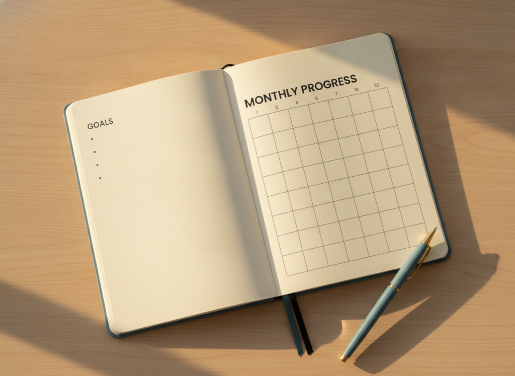 Open journal with a goals list and a blank monthly progress tracker grid, representing a 30-day challenge tracker