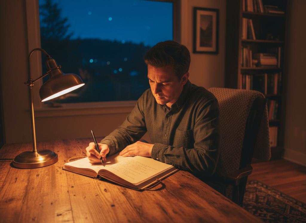 What a Coaching Journal Reveals About Focus Person writing in a journal at a desk late at night — focus and mindset coaching