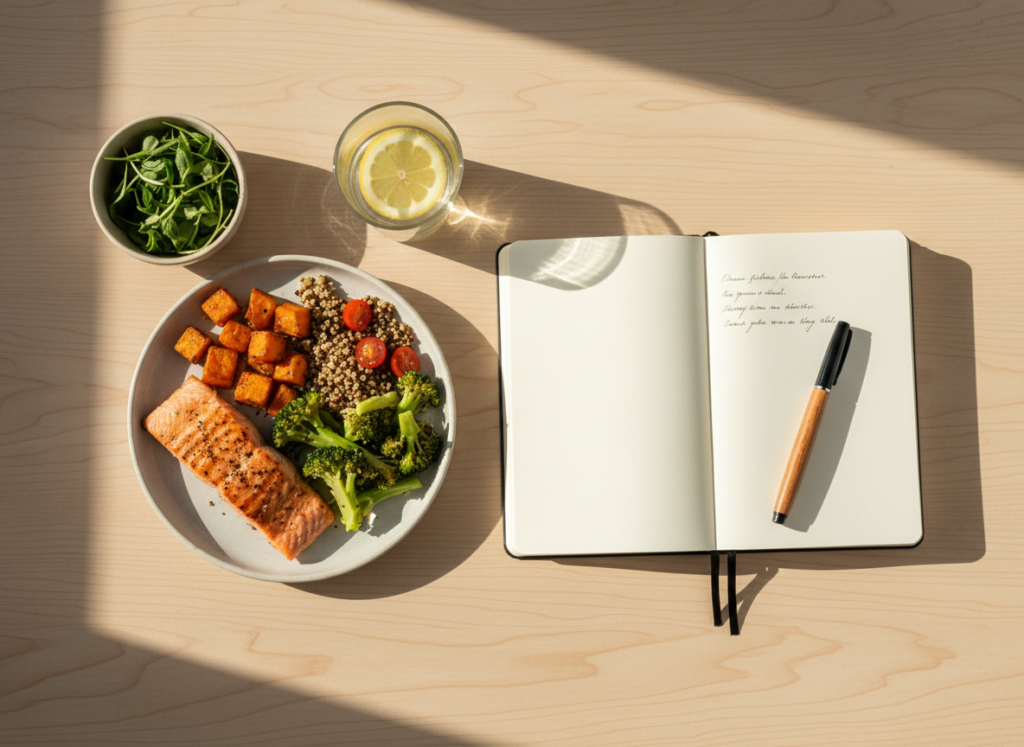 A balanced meal of salmon, vegetables and quinoa next to an open journal, representing structured eating habits