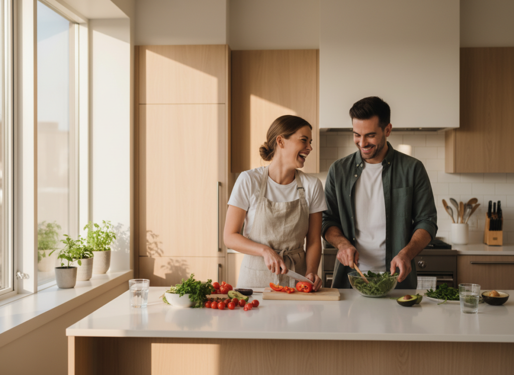 Couple laughing while cooking a fresh vegetable meal together in a bright kitchen, representing sustainable everyday habits