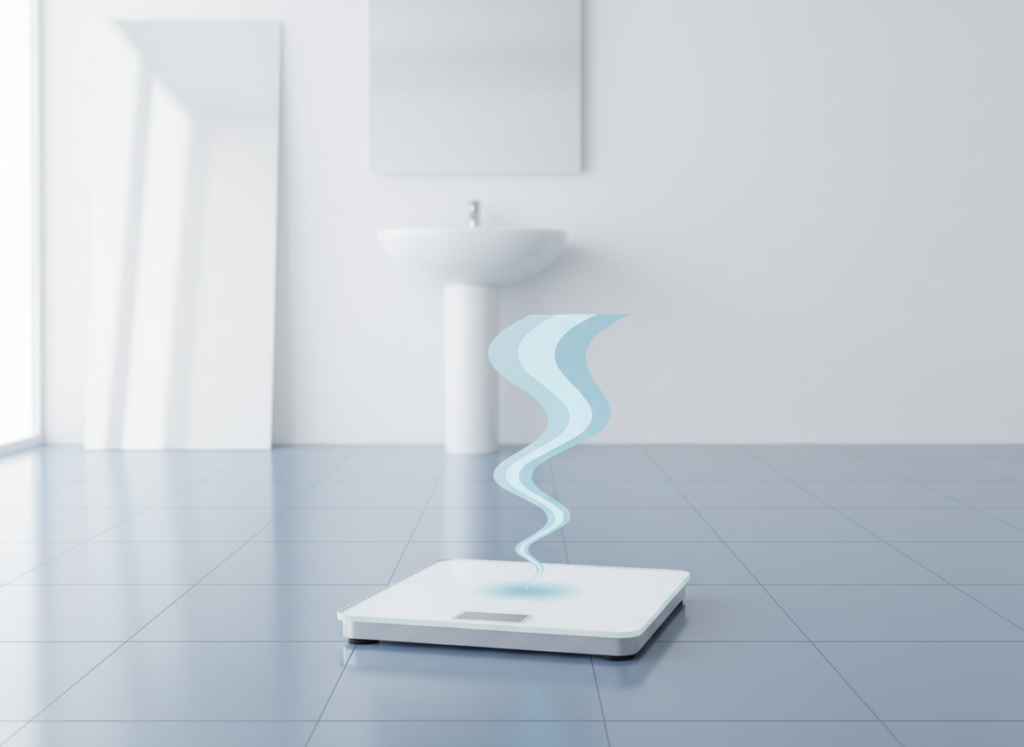Bathroom scale with a rising mist illustration, representing how the number on the scale doesn't reveal the full picture of body composition