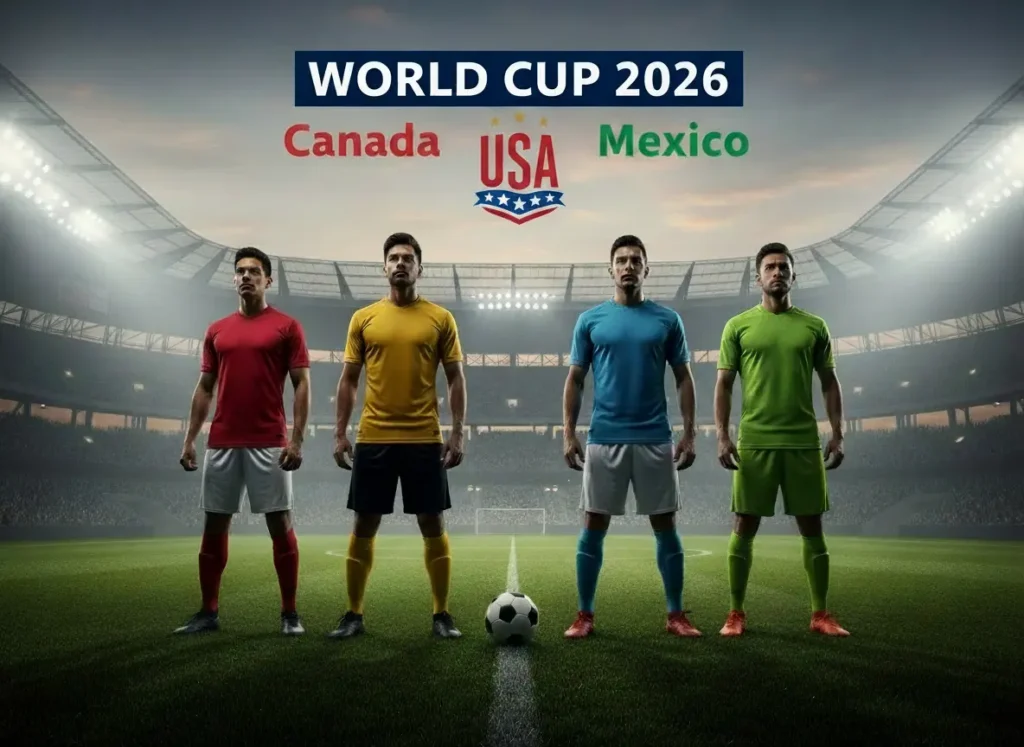 Four soccer players representing Canada, USA, and Mexico standing on a stadium pitch ahead of the 2026 World Cup