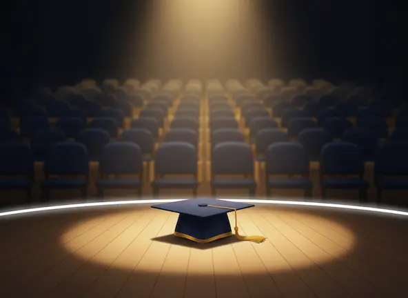 Empty graduation stage with golden spotlight and a graduation cap — a father's reflection on his son's big day